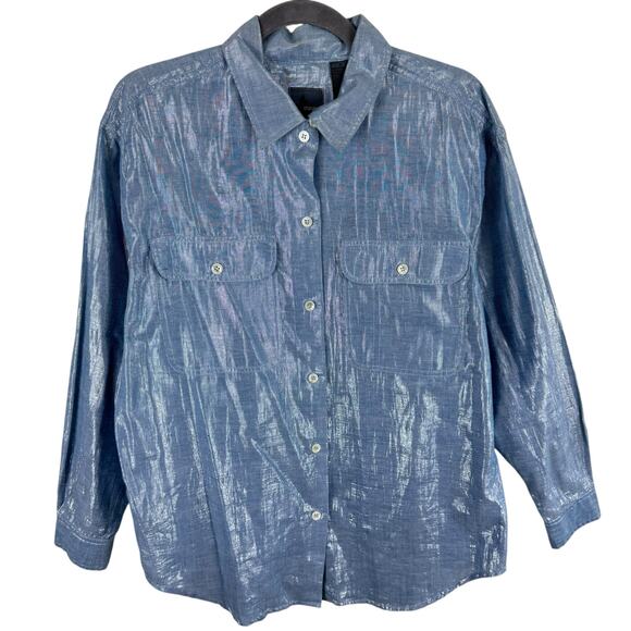 LizWear Liz Claiborne Blue Shiny Long Sleeve Collared Lightweight Button Up Sz M - Picture 1 of 6